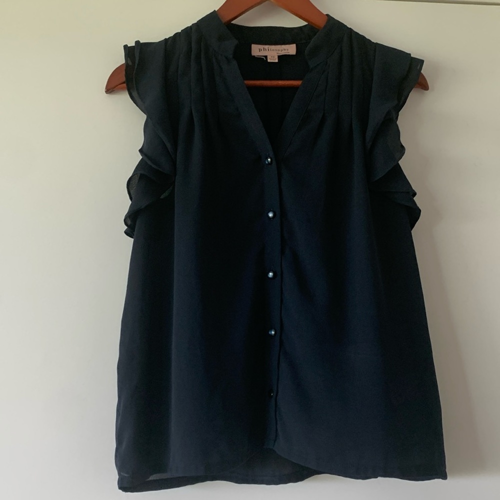 Philosophy  Navy Blue Blouse Short Flutter Sleeve V Neck